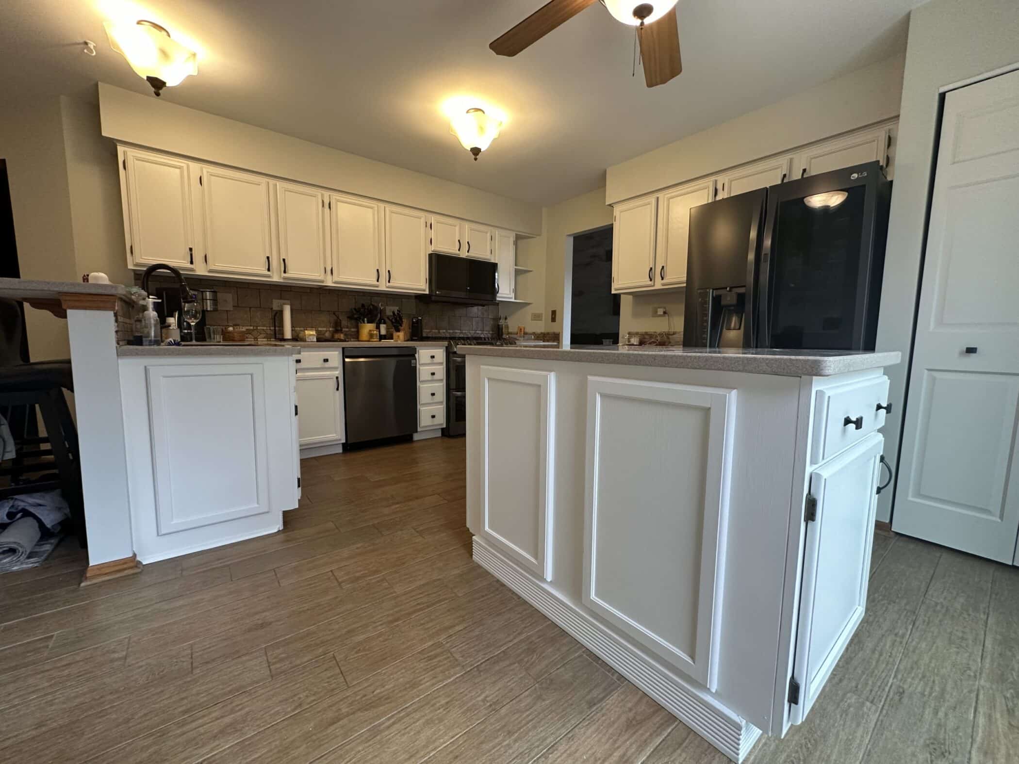 White painted island cabinets