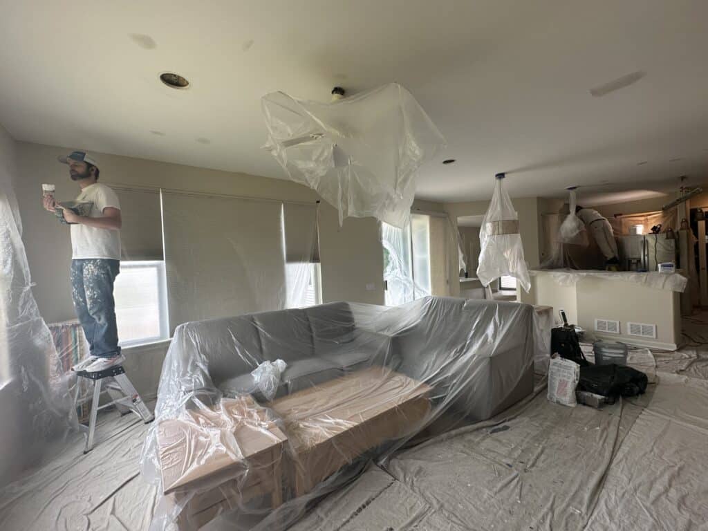 painting ceilings, covering everything with plastic